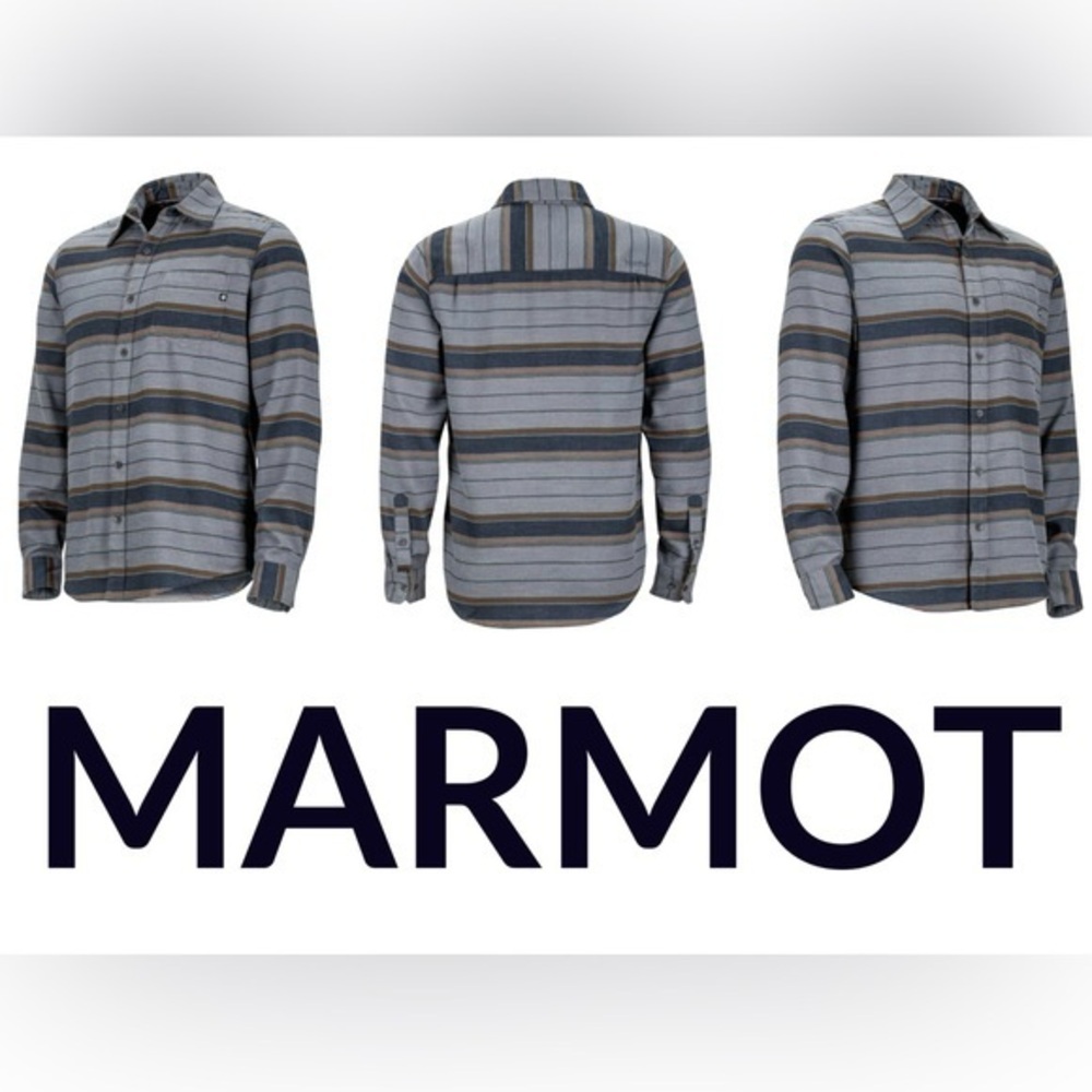 Marmot Men’s Striped Blue Brown Button-Up Shirt Outdoor Cabincore Flannel M NEW - Picture 2 of 10